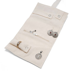 Handmade Embroidered Jewelry Storage Roll, White Suede Fabric with Bugle Beads and Sequin Work for Rings