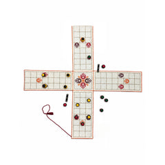 Traditional Board Game “PACHISI” Embroidered Cotton Fabric Mat with Wooden Playing Coins, Dice and Storage Pouch, Classic Indian Tabletop Game