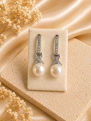 925 Sterling Silver Pearl & AD Zircon Drop Earrings for Women, Round Pearl Cross Design Jewellery
