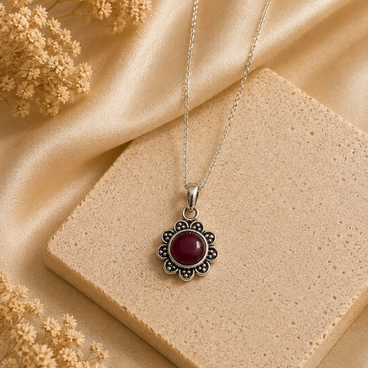 925 Sterling Silver Ruby Gemstone Flower Pendant for Women