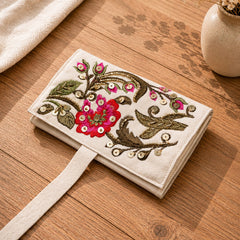 Handmade Embroidered Jewelry Storage Roll, White Suede Fabric with Bugle Beads and Sequin Work for Rings