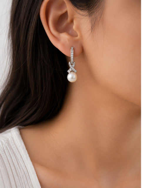 925 Sterling Silver Pearl & AD Zircon Drop Earrings for Women, Round Pearl Cross Design Jewellery
