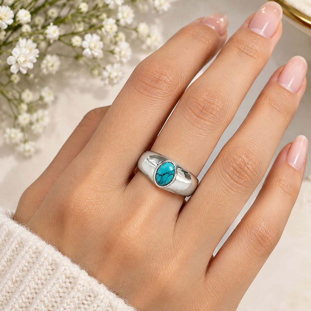 925 Silver Ring Turquoise Oval Gemstone Cabochon Bezel Setting