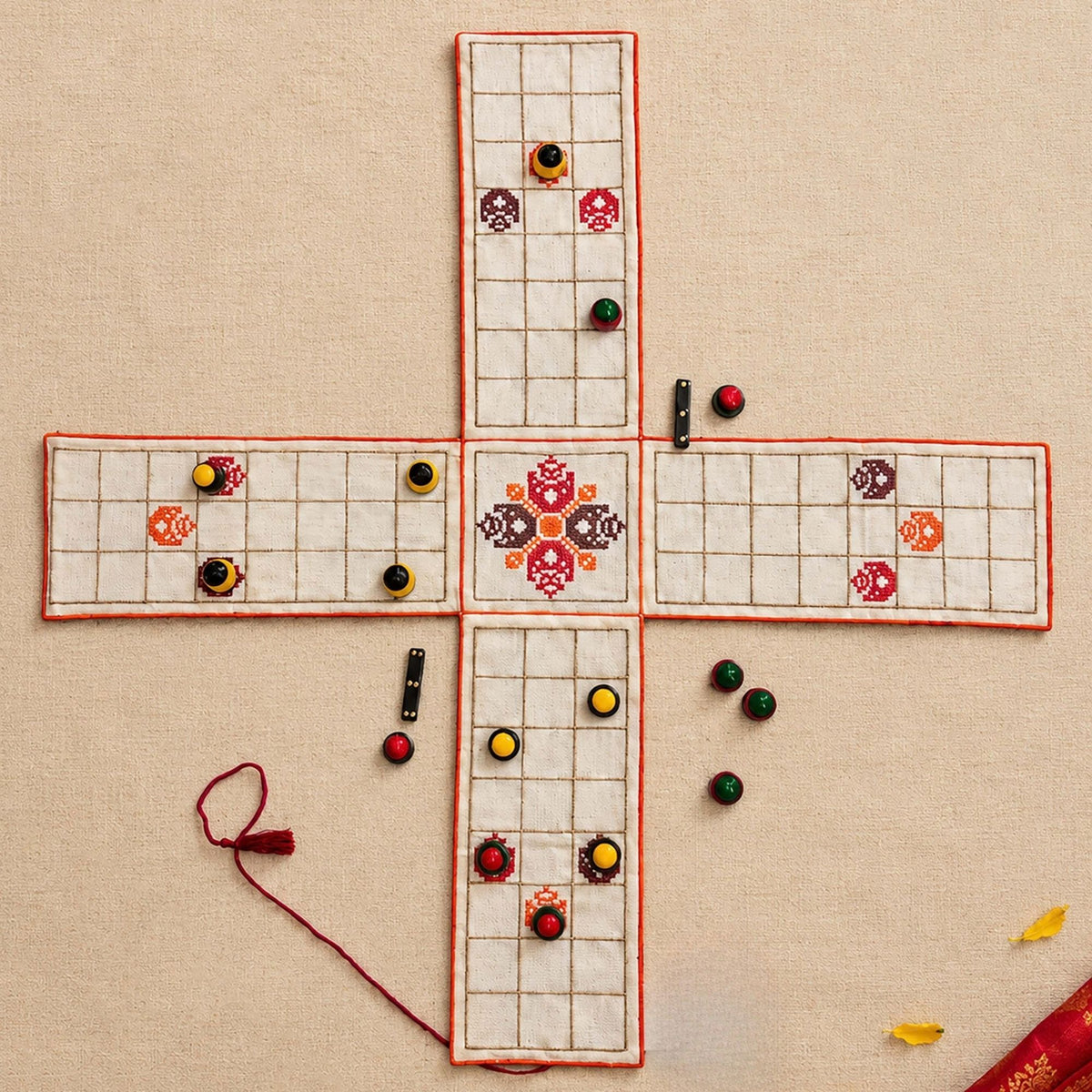 Traditional Board Game “PACHISI” Embroidered Cotton Fabric Mat with Wooden Playing Coins, Dice and Storage Pouch, Classic Indian Tabletop Game