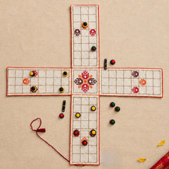 Traditional Board Game “PACHISI” Embroidered Cotton Fabric Mat with Wooden Playing Coins, Dice and Storage Pouch, Classic Indian Tabletop Game