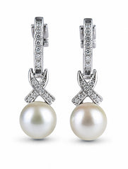 925 Sterling Silver Pearl & AD Zircon Drop Earrings for Women, Round Pearl Cross Design Jewellery