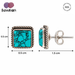 925 silver square turquoise eartops handmade in bezel setting with push closure