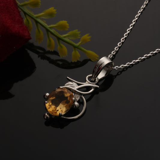Fusionari 925 Sterling Silver Citrine Pendant with Chain for Women |  Necklace | Party Wear Jewellery | Designer Wedding Pendant Set | Elegant Gift for Her | Fashion Necklace Women