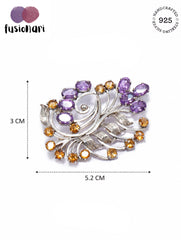 925 Sterling Silver Amethyst and Citrine Gemstone Leaf Floral Vine Brooch Pin for Women