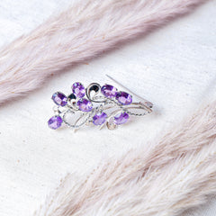 925 Sterling Silver Amethyst Brooch for Women | Gemstone Brooch | Handmade Silver Jewelry | Elegant Daily Wear Gift