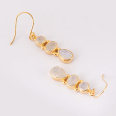 Fusionari 925 Sterling Silver Gold Plated Moonstone Earrings for Women | Natural Healing Gemstone Jewelry | Handmade Minimalist Design | Size 3.9x7 cm | 1 Pair