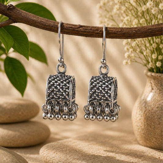 925 Sterling Silver Textured Jhumka Dangle Earrings Traditional Jewellery