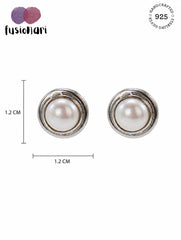925 Sterling Silver Round Pearl Gemstone Stud Earrings