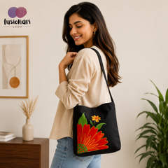 Handmade Floral Crossbody Black Bag made from Dupion & cotton Duck Fabric with Embroidery For Women & Girls