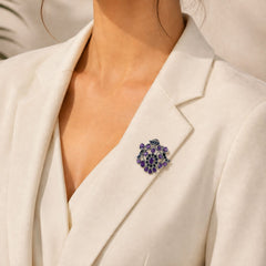 925 Sterling Silver Amethyst & Blue Sapphire Floral Pin, Purple Gemstone Brooch with Leaf Design for Women