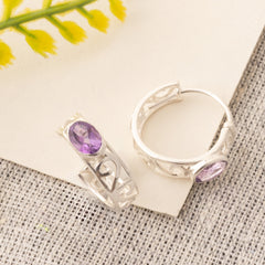 Fusionari 925 Sterling Silver Amethyst Earrings for Women | Handmade Natural Gemstone Jewelry | Healing Crystal Energy | Size 1.3x0.5 cm |  1 Pair