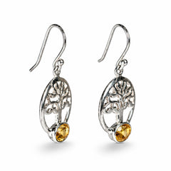 925 Silver Citrine Gemstone Earring Oval Cabochon in Bezel Setting with Tree Design and Hook Earwire