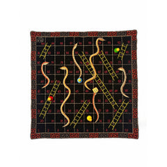 Quilted Board Game "SNAKES & LADDER" embroidered on cotton fabric with playing dice and wooden coins in a zip pouch