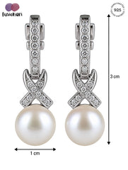 925 Sterling Silver Pearl & AD Zircon Drop Earrings for Women, Round Pearl Cross Design Jewellery