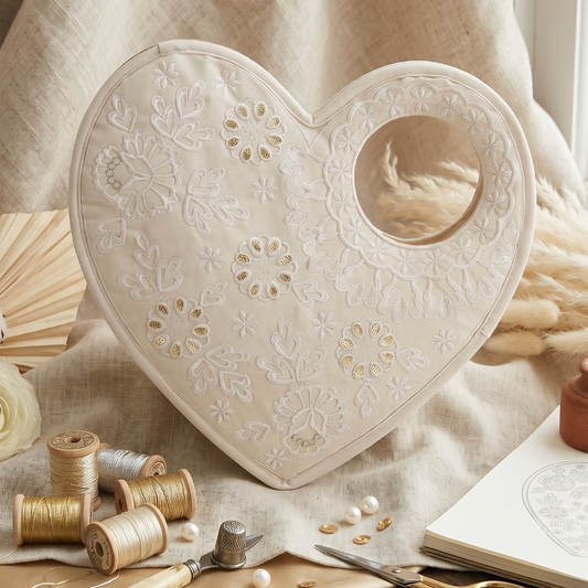 Heart Shape Handbag, Off White Poly Suede Fabric with Handmade Floral Embroidery and Gota Patti Work