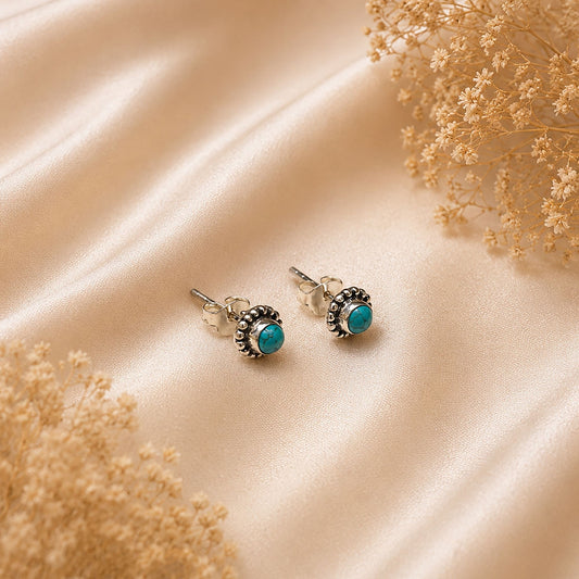 925 Sterling Silver Turquoise Gemstone Eartops Round Oxidised Beaded Handmade Jewelry Stud Design
