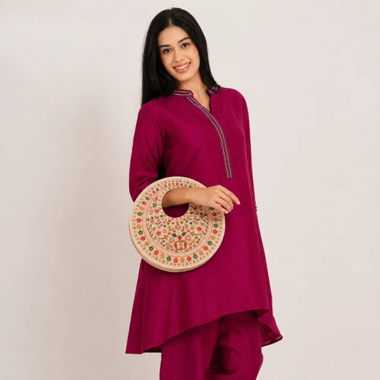 Beige Suede Floral Embroidered Round Handbag, Hand Purse, Clutches with Thread Work for Women & Girls