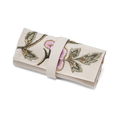 Handmade Embroidered Jewelry Storage Roll, White Suede Fabric with Bugle Beads and Sequin Work