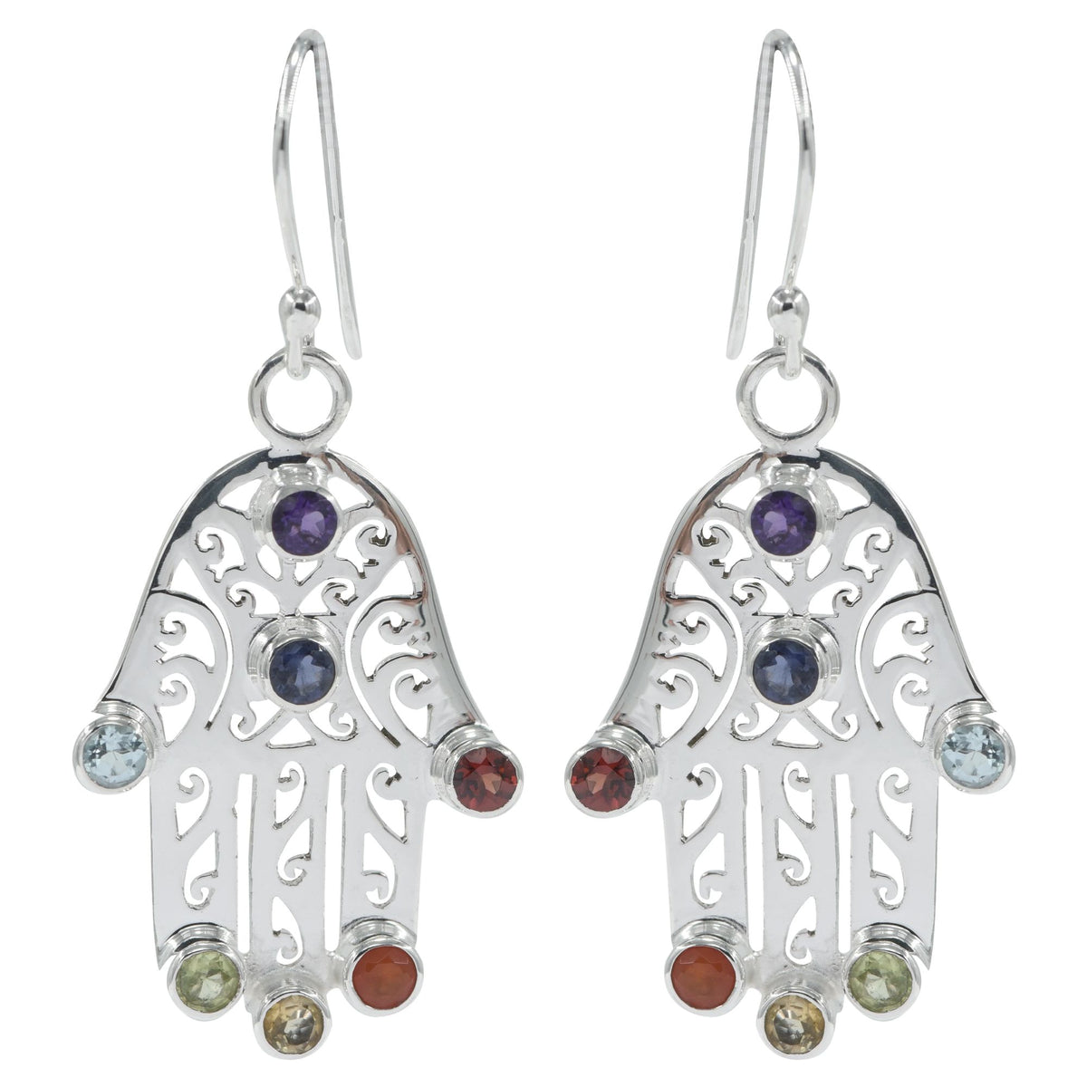 925 Sterling Silver Hamsa Earrings with 7 Gemstone Stones for Women Hand Design Jewelry