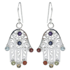 925 Sterling Silver Hamsa Earrings with 7 Gemstone Stones for Women Hand Design Jewelry