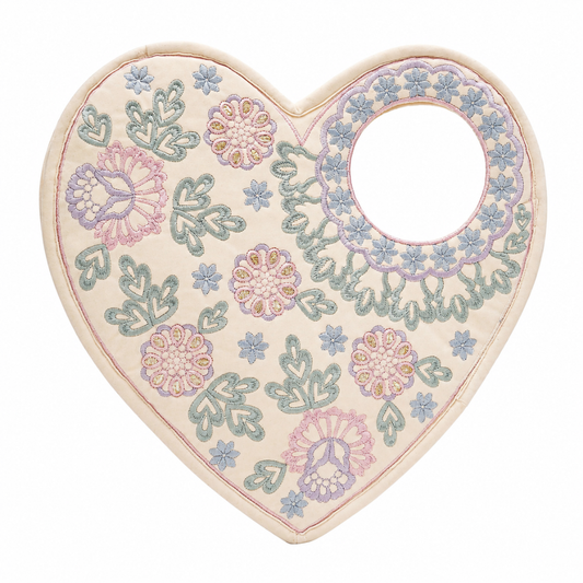 Heart Shape Embroidered Handbag, Off White Soft Poly Suede Fabric with Multi Pastel Thread Embroidery and Gota Patti Work