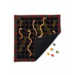 Quilted Board Game "SNAKES & LADDER" embroidered on cotton fabric with playing dice and wooden coins in a zip pouch