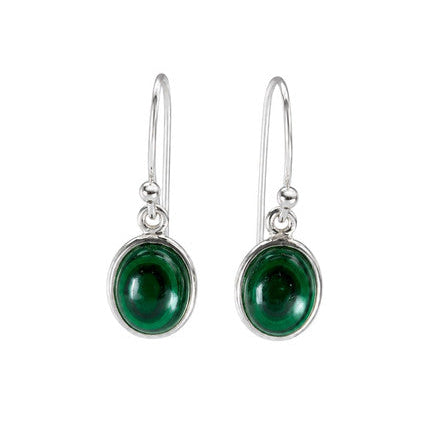 A pair of silver drop earrings with oval green cabochon gemstones, shown against a plain white background.