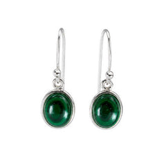 A pair of silver drop earrings with oval green cabochon gemstones, shown against a plain white background.