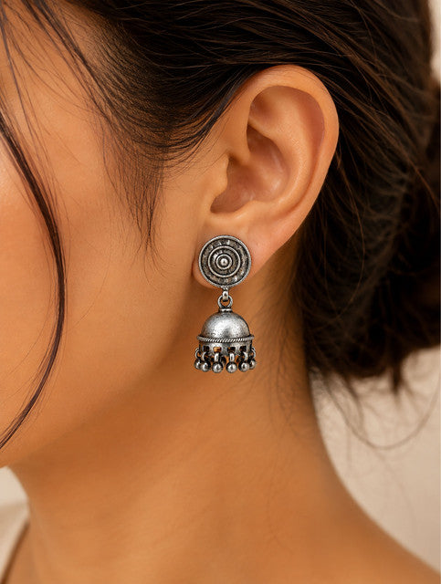 925 Sterling Silver Jhumka Earrings for Women Concentric Round Top with Dome Pendant