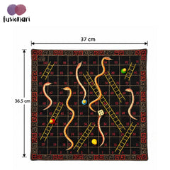 Quilted Board Game "SNAKES & LADDER" embroidered on cotton fabric with playing dice and wooden coins in a zip pouch
