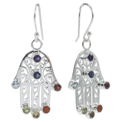 925 Sterling Silver Hamsa Earrings with 7 Gemstone Stones for Women Hand Design Jewelry