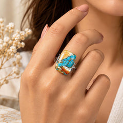 925 Silver Ring Multi Turquoise Square Cabochon Prong Setting