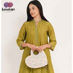 Heart Shape Embroidered Handbag, Off White Soft Poly Suede Fabric with Multi Pastel Thread Embroidery and Gota Patti Work