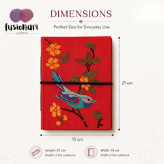 Handcrafted Embroidered Journal with Handmade Paper Fabric Cover & Bahi Khata Closure Diary for Writing Sketching & Gifting | Red | 8 x 5 inches