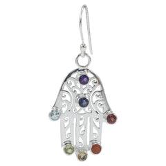925 Sterling Silver Hamsa Earrings with 7 Gemstone Stones for Women Hand Design Jewelry