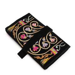 Handmade Jewelry Roll Bag, Black Soft Suede Fabric with Gold Thread Embroidery