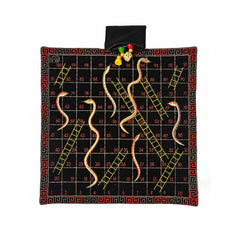 Quilted Board Game "SNAKES & LADDER" embroidered on cotton fabric with playing dice and wooden coins in a zip pouch