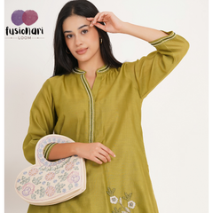 Heart Shape Embroidered Handbag, Off White Soft Poly Suede Fabric with Multi Pastel Thread Embroidery and Gota Patti Work