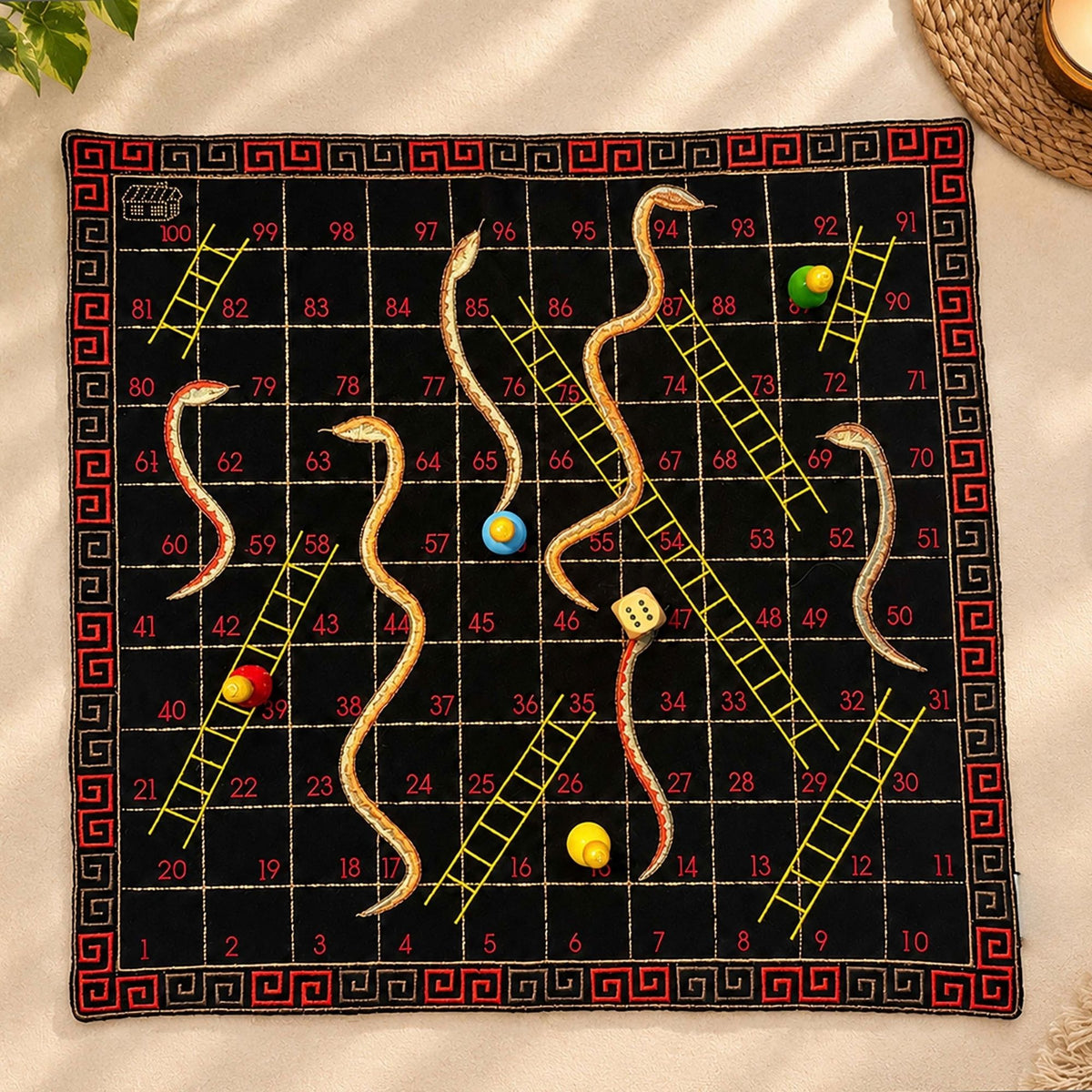 Quilted Board Game "SNAKES & LADDER" embroidered on cotton fabric with playing dice and wooden coins in a zip pouch