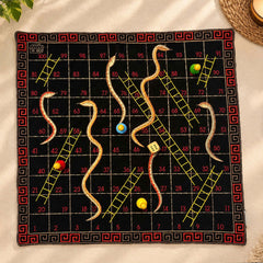 Quilted Board Game "SNAKES & LADDER" embroidered on cotton fabric with playing dice and wooden coins in a zip pouch