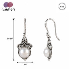 925 silver round cultured pearl handmade earrings in bezel setting in oxidised finish with ball earwire.