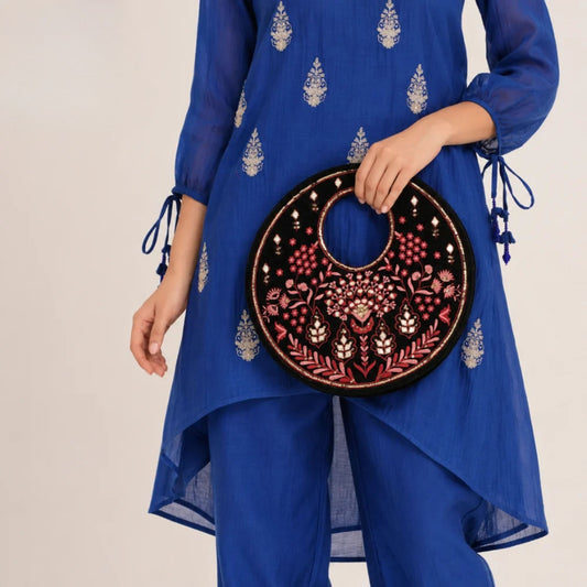 Traditional Black Suede Round Handbag with Floral Embroidery, Gota Patti & Sequin Work