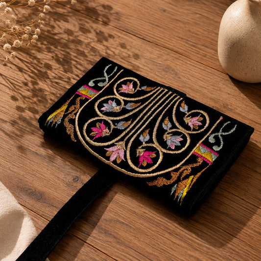 Handmade Jewelry Roll Bag, Black Soft Suede Fabric with Gold Thread Embroidery