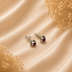 FUSIONARI 925 Sterling Silver Ruby Gemstone Stud Earrings Red Round Stone Jewelry