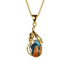 925 Silver Handmade Turquoise Oval Gemstone Gold Plated Leaf Design Pendant